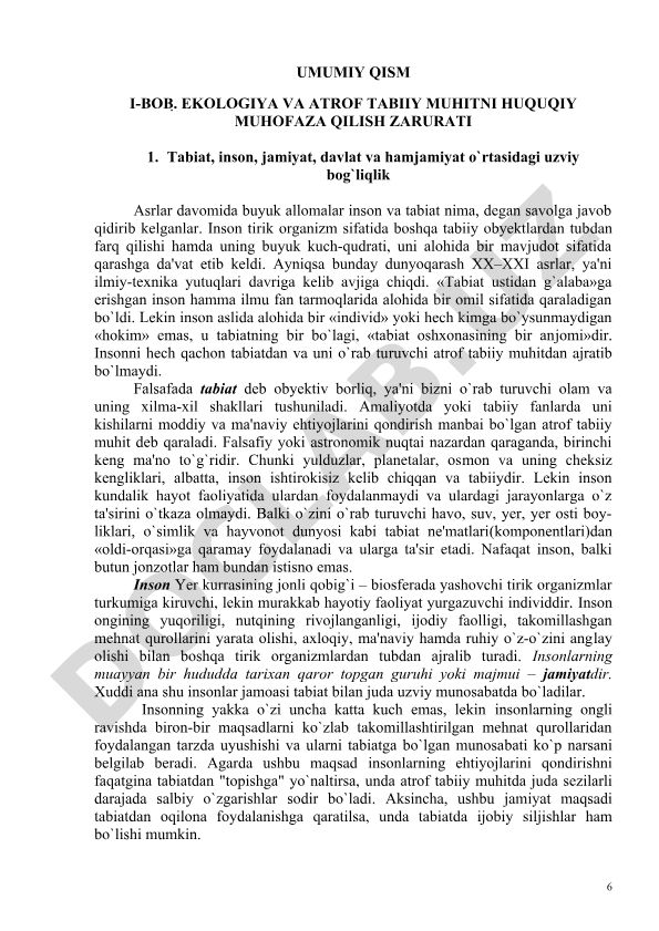 Ekologiya va atrof tabiiy muhitni huquqiy muhofaza qilish zarurati