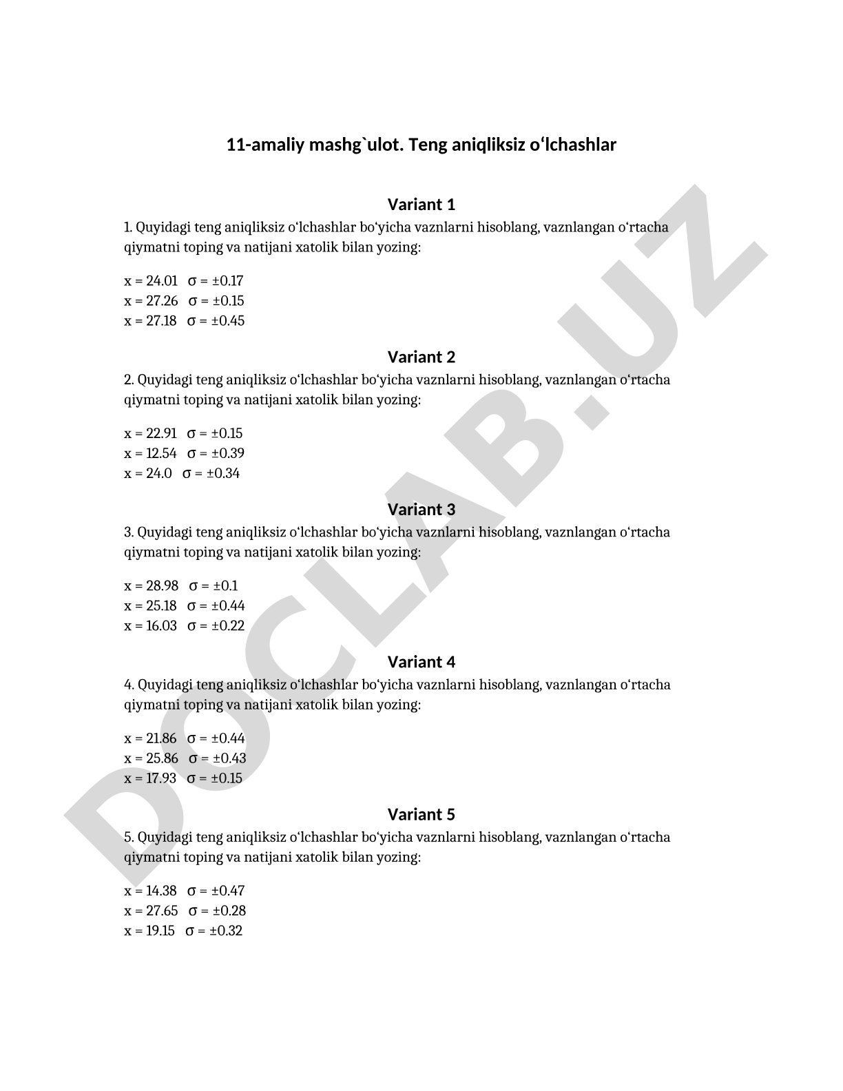 11-amaliy mashg`ulot. Teng aniqliksiz o‘lchashlar