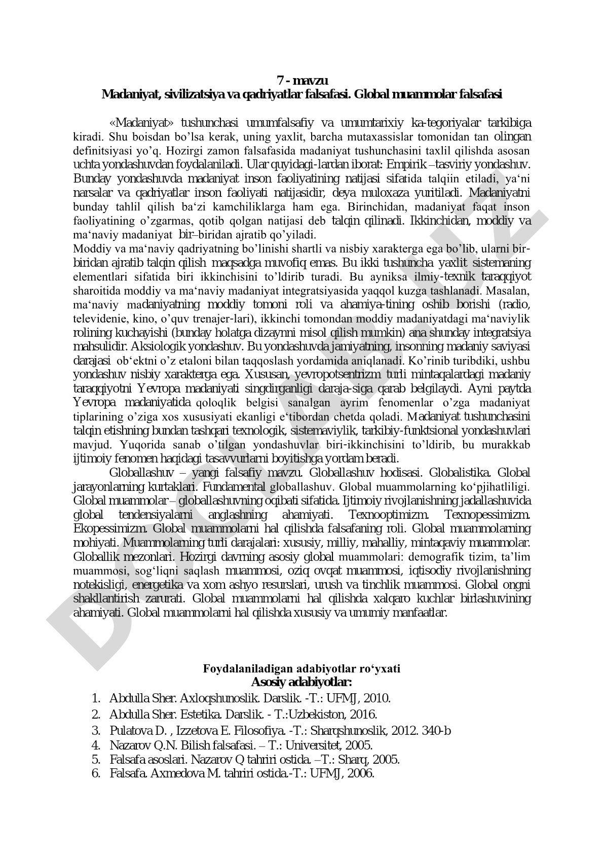 Madaniyat, sivilizatsiya va qadriyatlar falsafasi. Global muammolar falsafasi