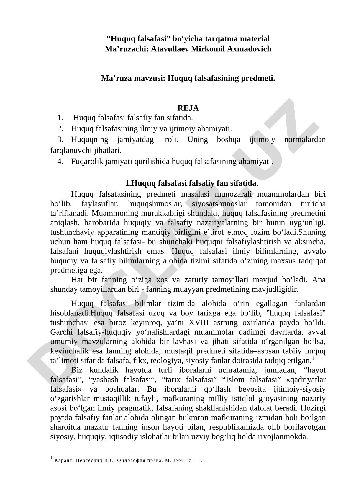 Huquq falsafasi fanining predmeti, ahamiyati va jamiyatdagi roli haqida tarqatma material