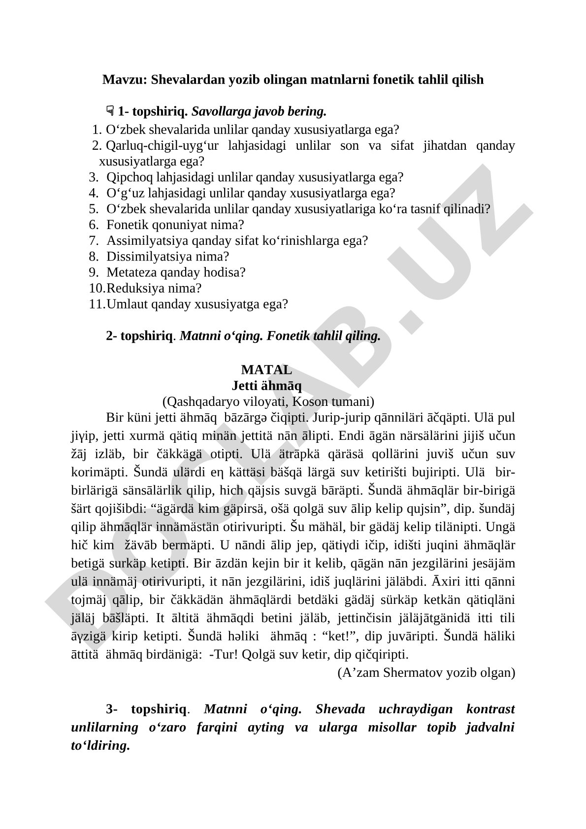 Shevalardan yozib olingan matnlarni fonetik tahlil qilish