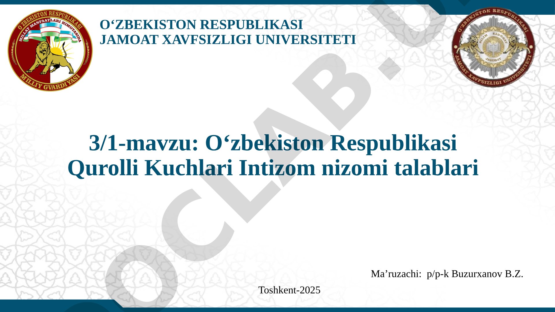 O'zbekiston Respublikasi Qurolli Kuchlari Intizom nizomi talablari