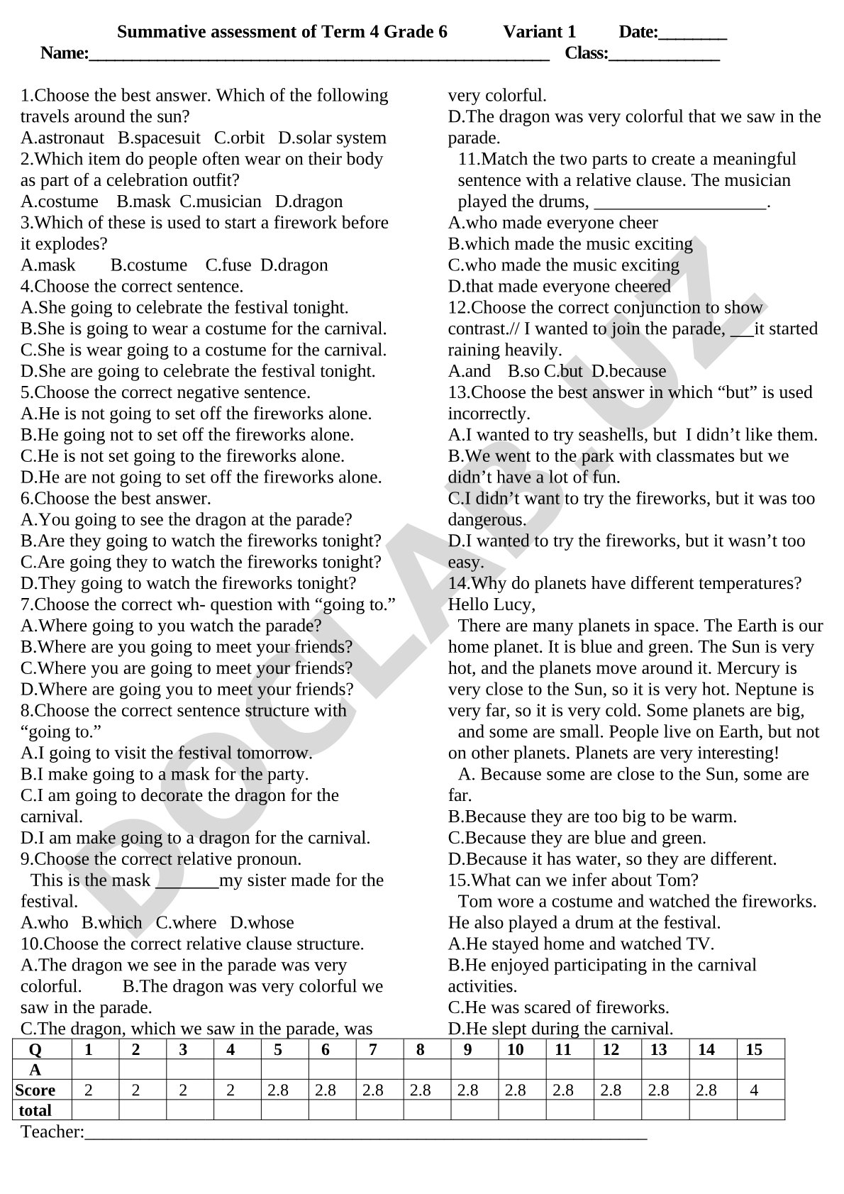 Summative assessment of Term 4 Grade 6 Variant 1