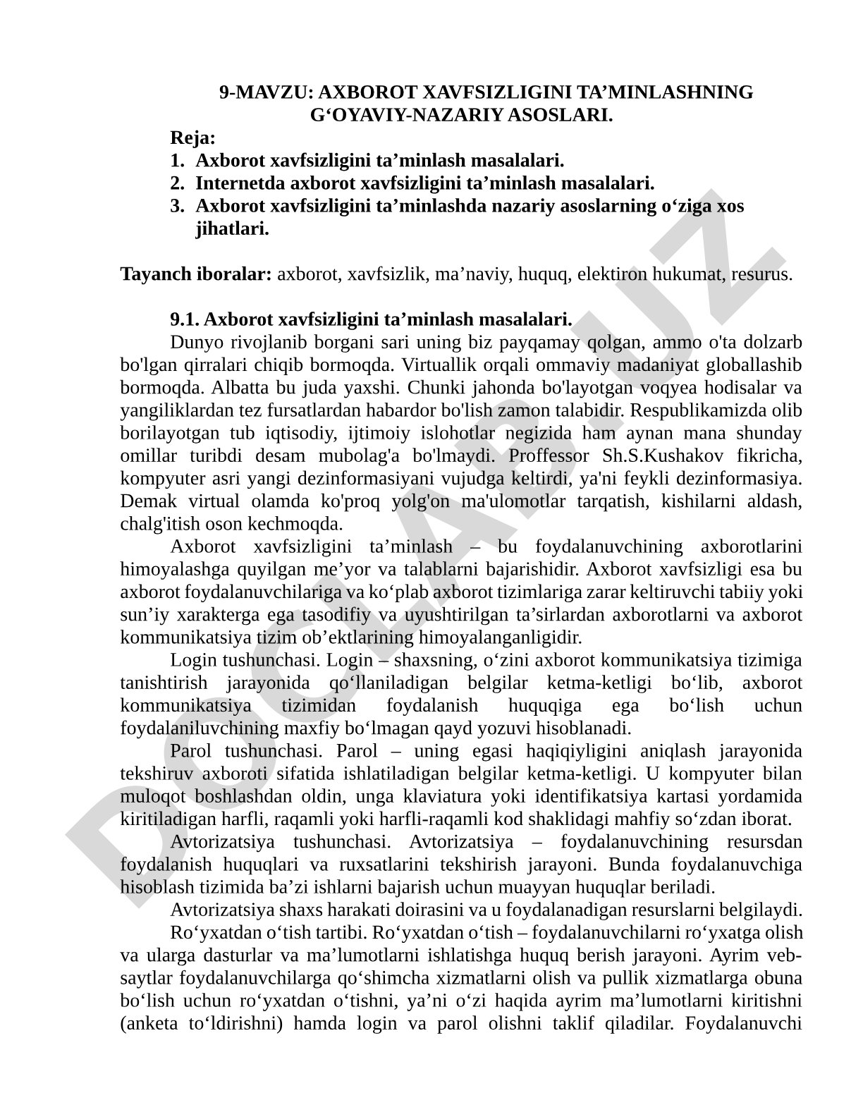 AXBOROT XAVFSIZLIGINI TA’MINLASHNING G‘OYAVIY-NAZARIY ASOSLARI