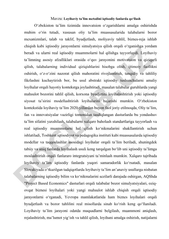 Loyihaviy ta’lim metodini iqtisodiy fanlarda qo‘llash