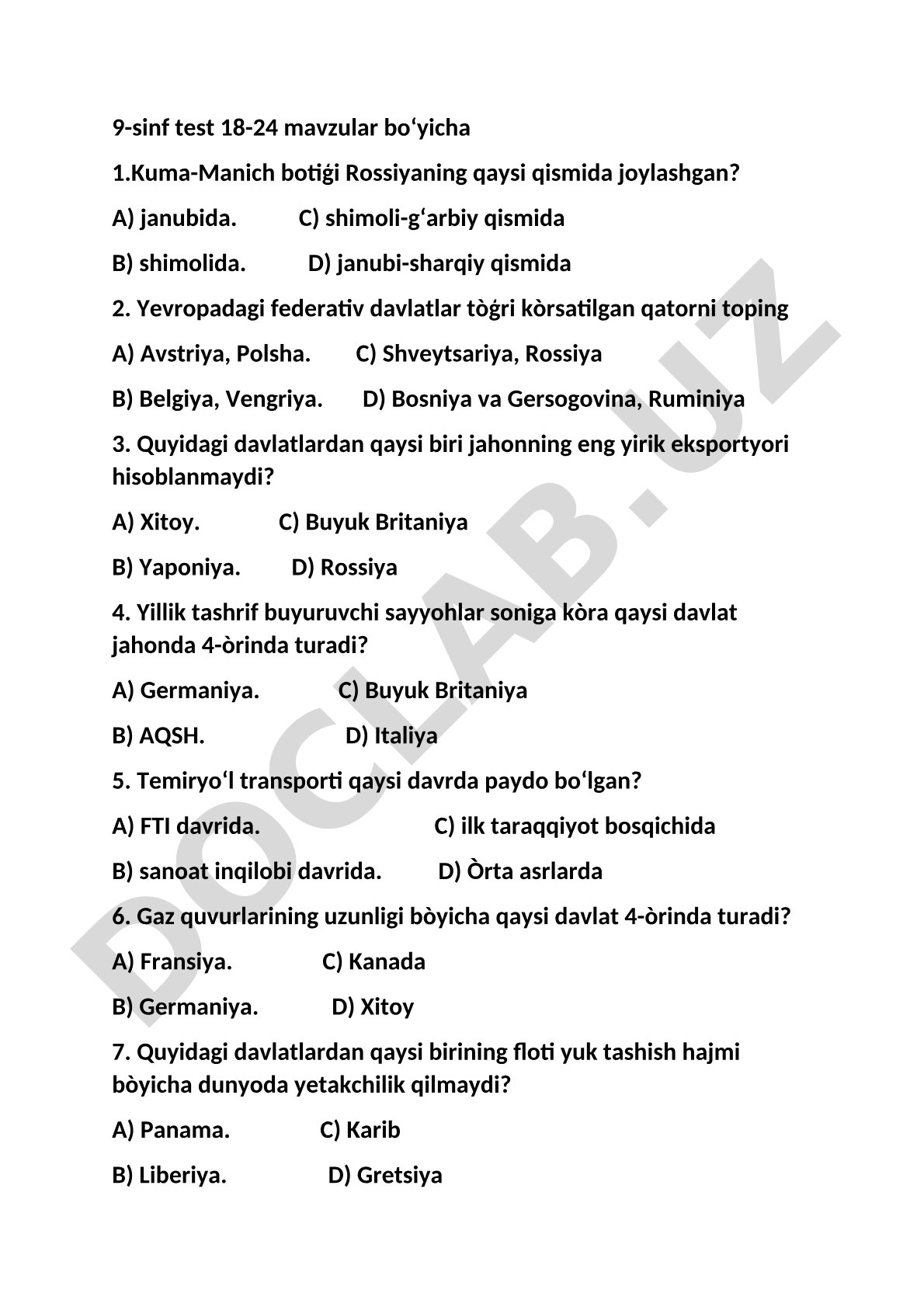 9-sinf test 18-24 mavzular bo'yicha