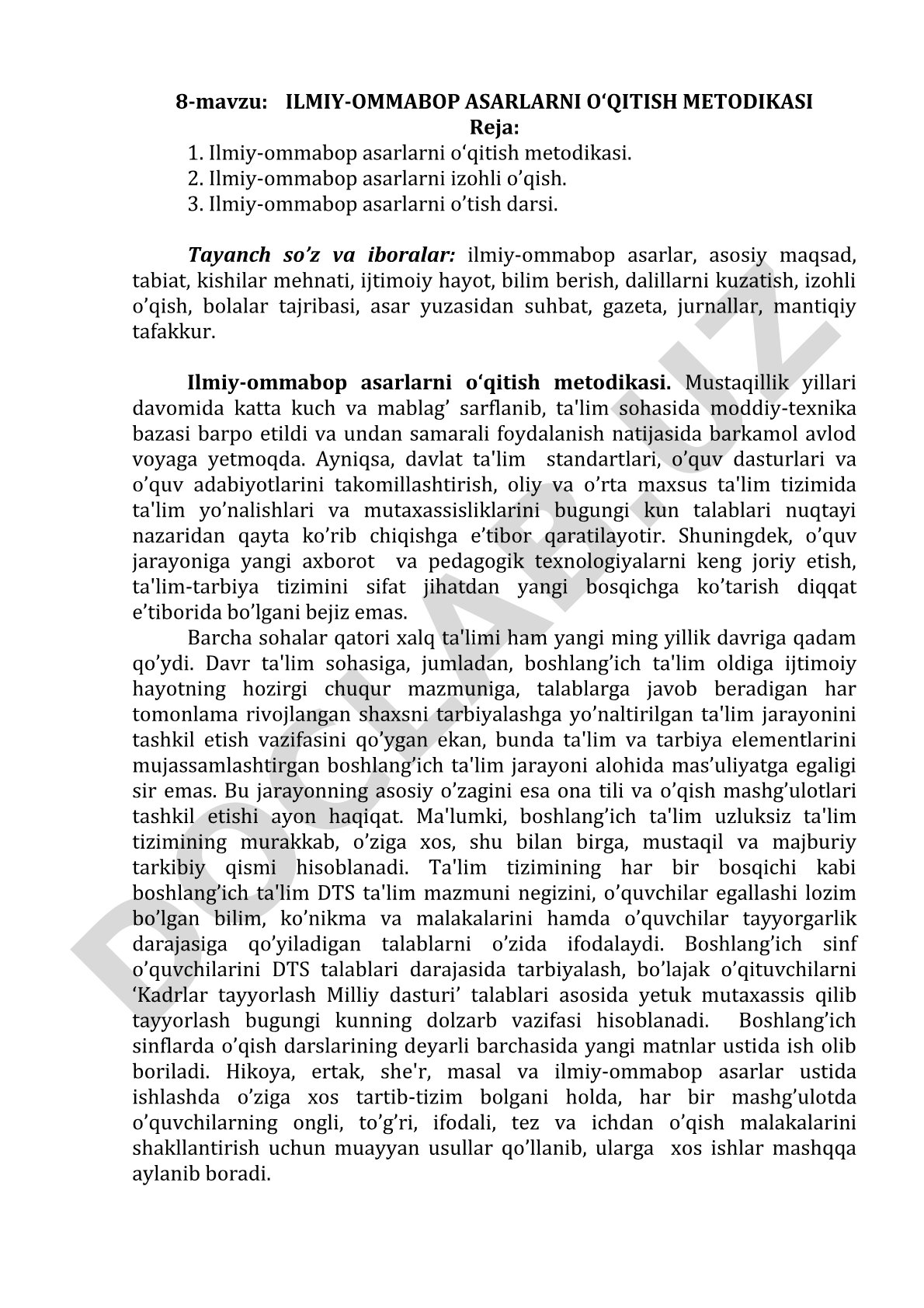 Ilmiy-ommabop asarlarni o‘qitish metodikasi