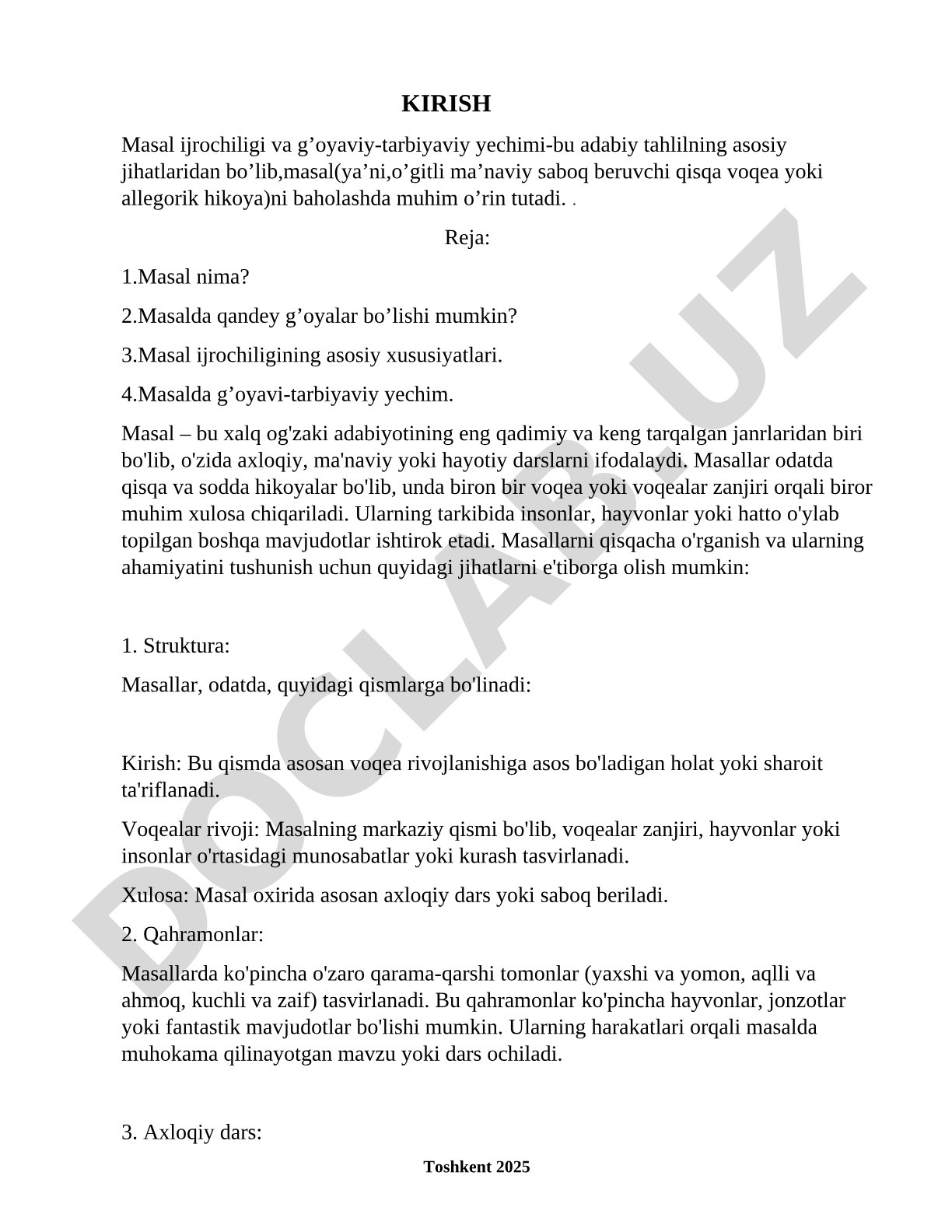 Masal ijrochiligi g'oyaviy - tarbiyaviy yechim