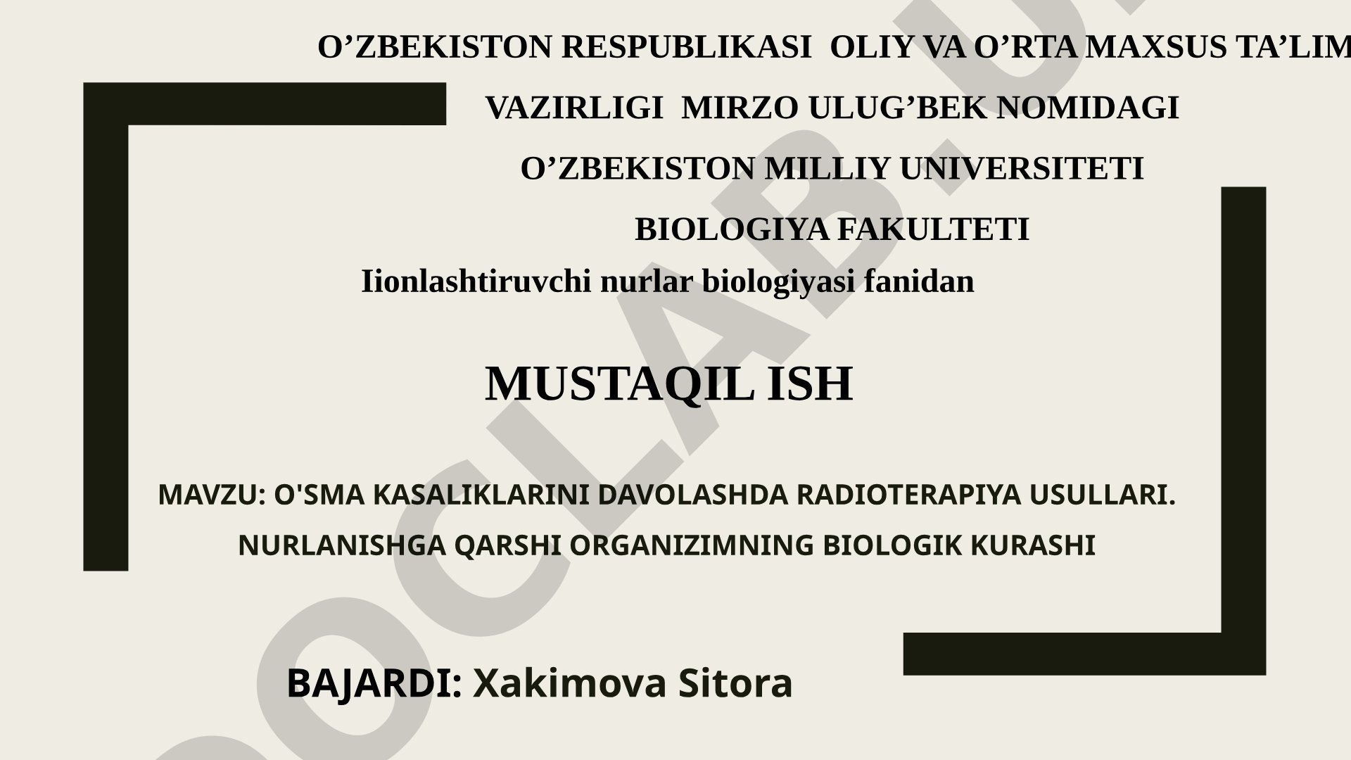 O'sma kasaliklarini davolashda radioterapiya usullari. Nurlanishga qarshi organizimning biologik kurashi