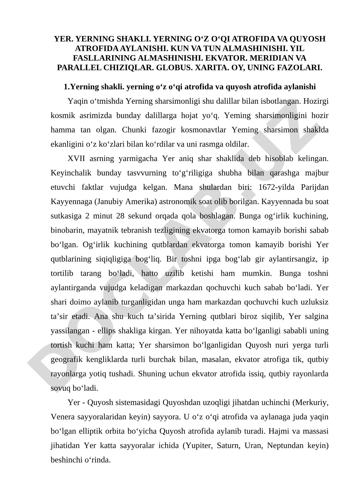 Yerning shakli. Yerning o'z o'qi atrofida va quyosh atrofida aylanishi
