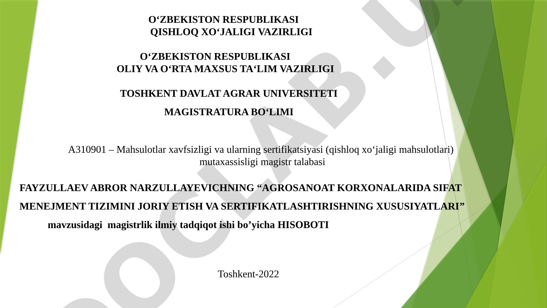 Agrosanoat korxonalarida sifat menejment tizimini joriy etish va sertifikatlashtirishning xususiyatlari