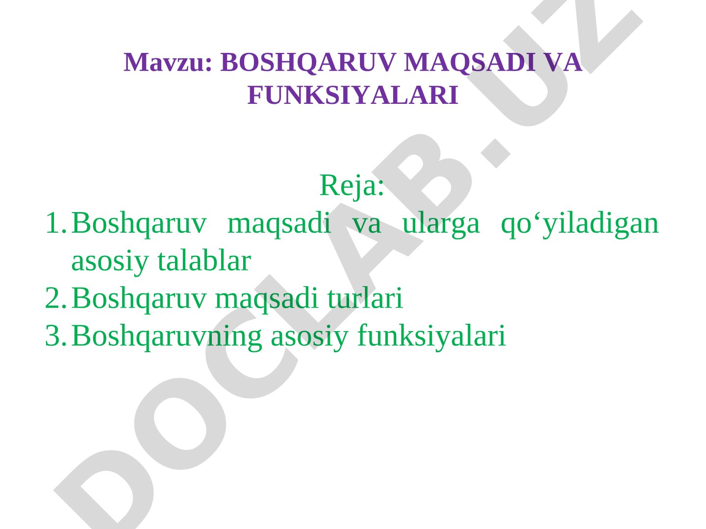 BOSHQARUV MAQSADI VA FUNKSIYALARI