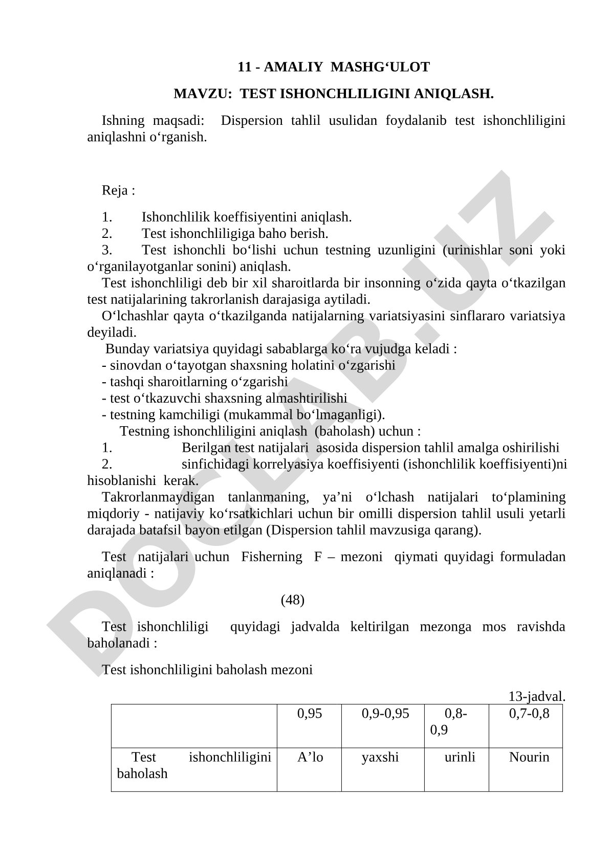 Dispersion tahlil usulidan foydalanib test ishonchliligini aniqlashni o'rganish