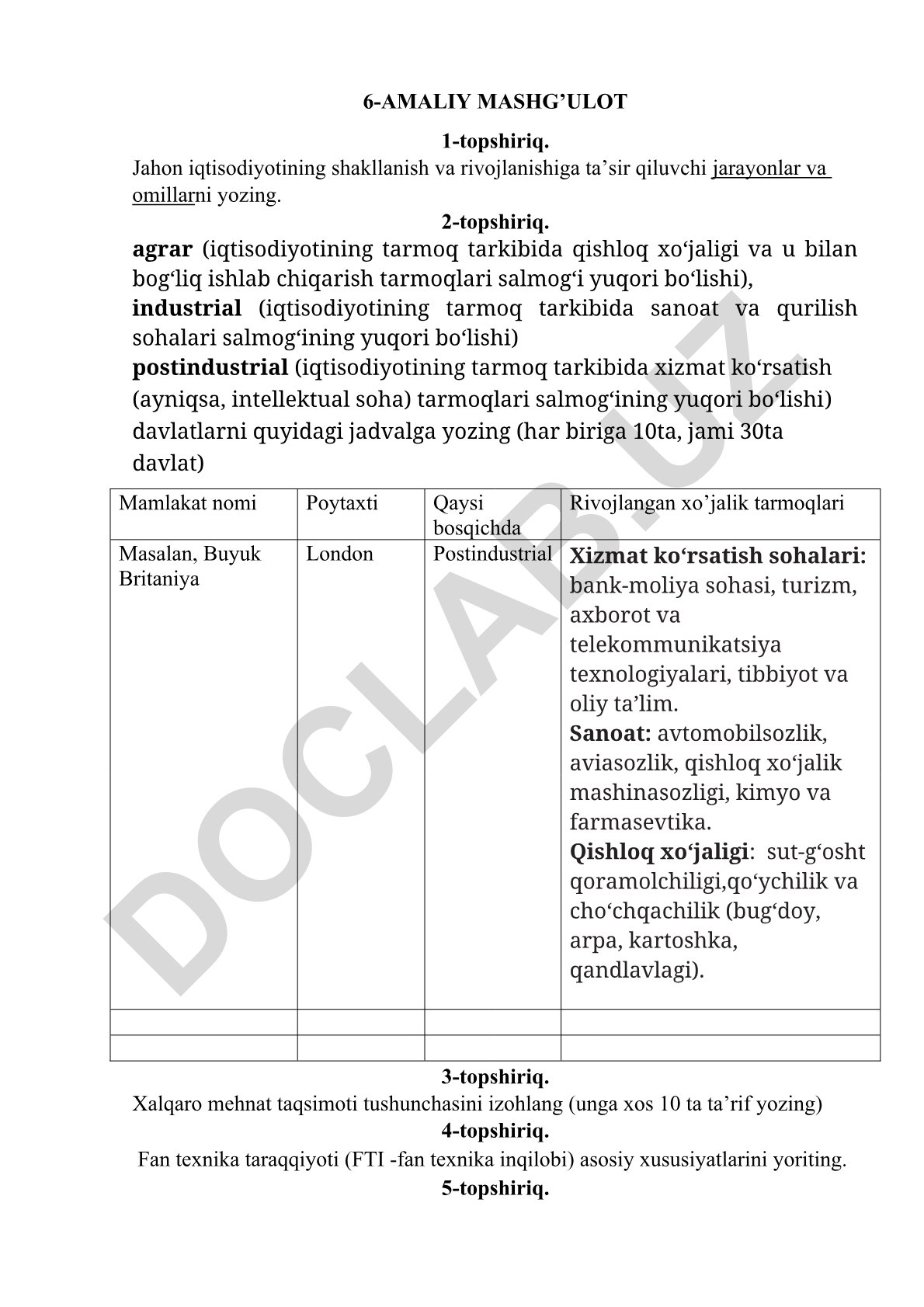 Jahon iqtisodiyotining shakllanishi va rivojlanish omillari