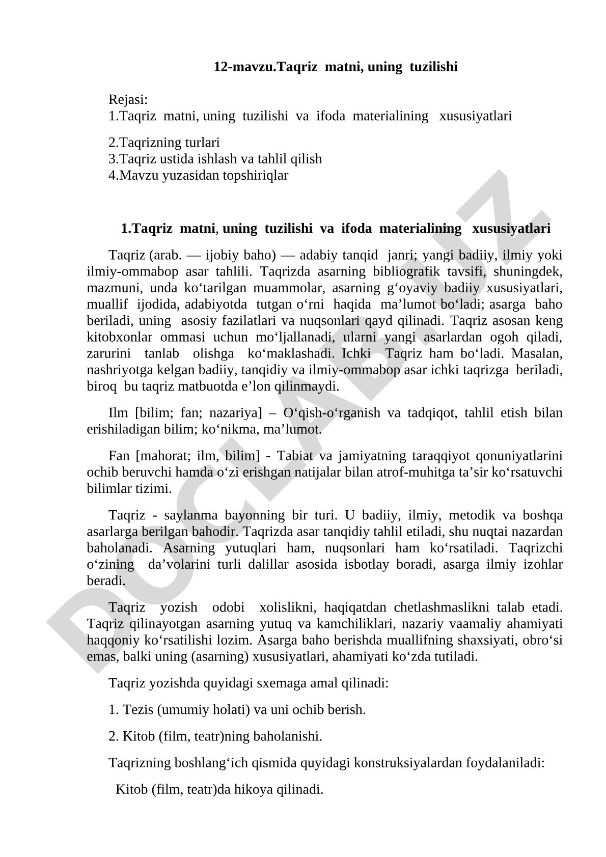 Taqriz matni, uning tuzilishi