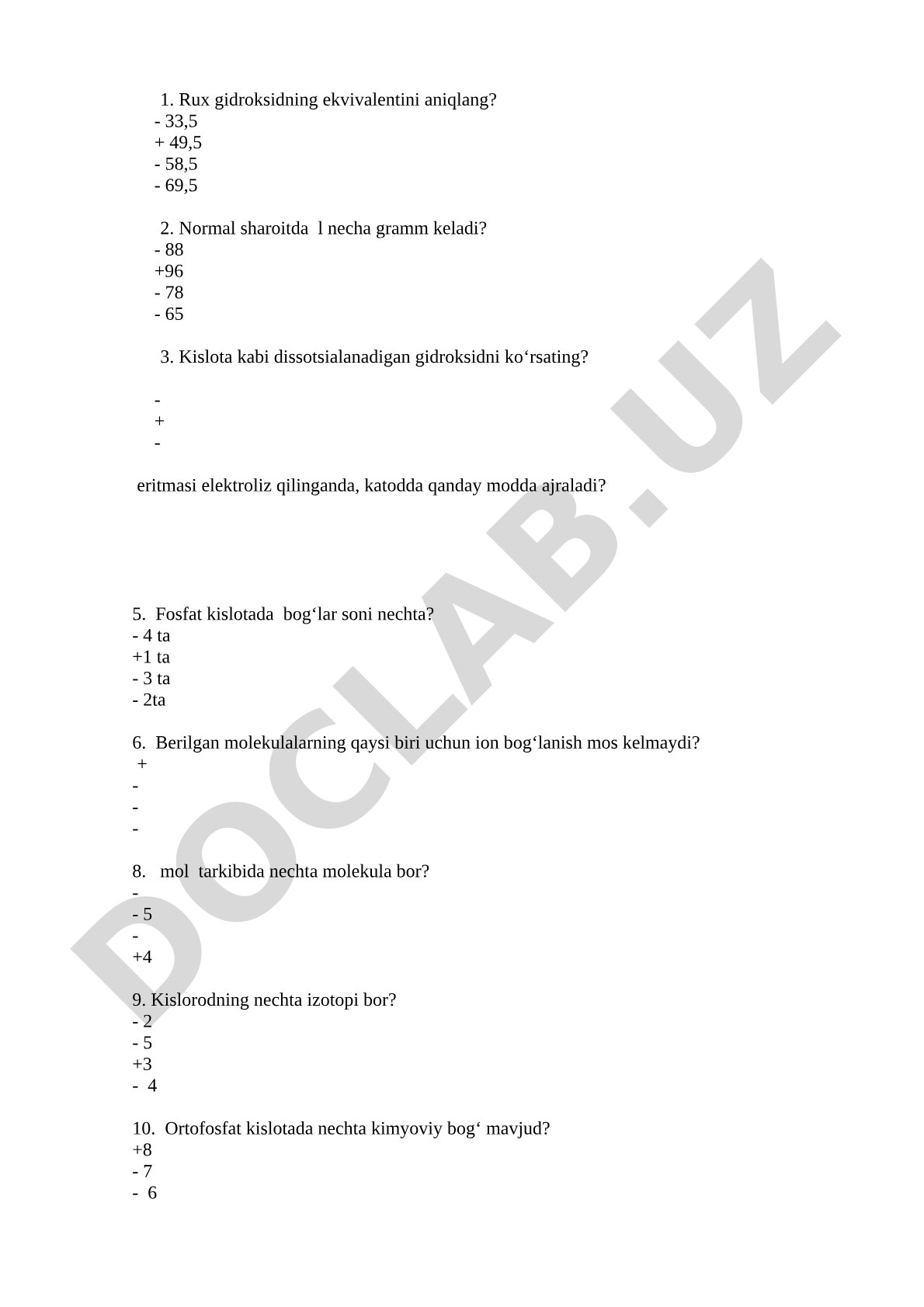 Kimyoviy savollar to'plami