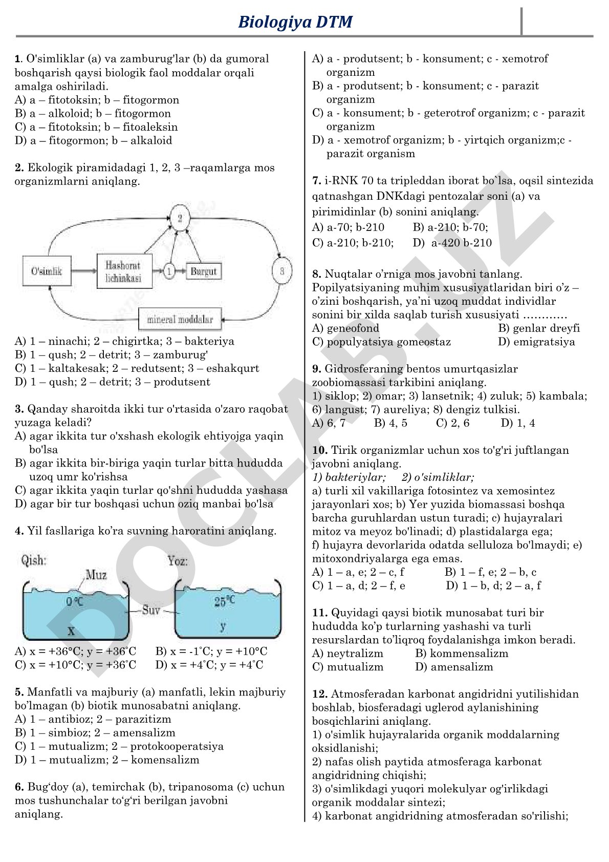 Biologiya DTM test savollari