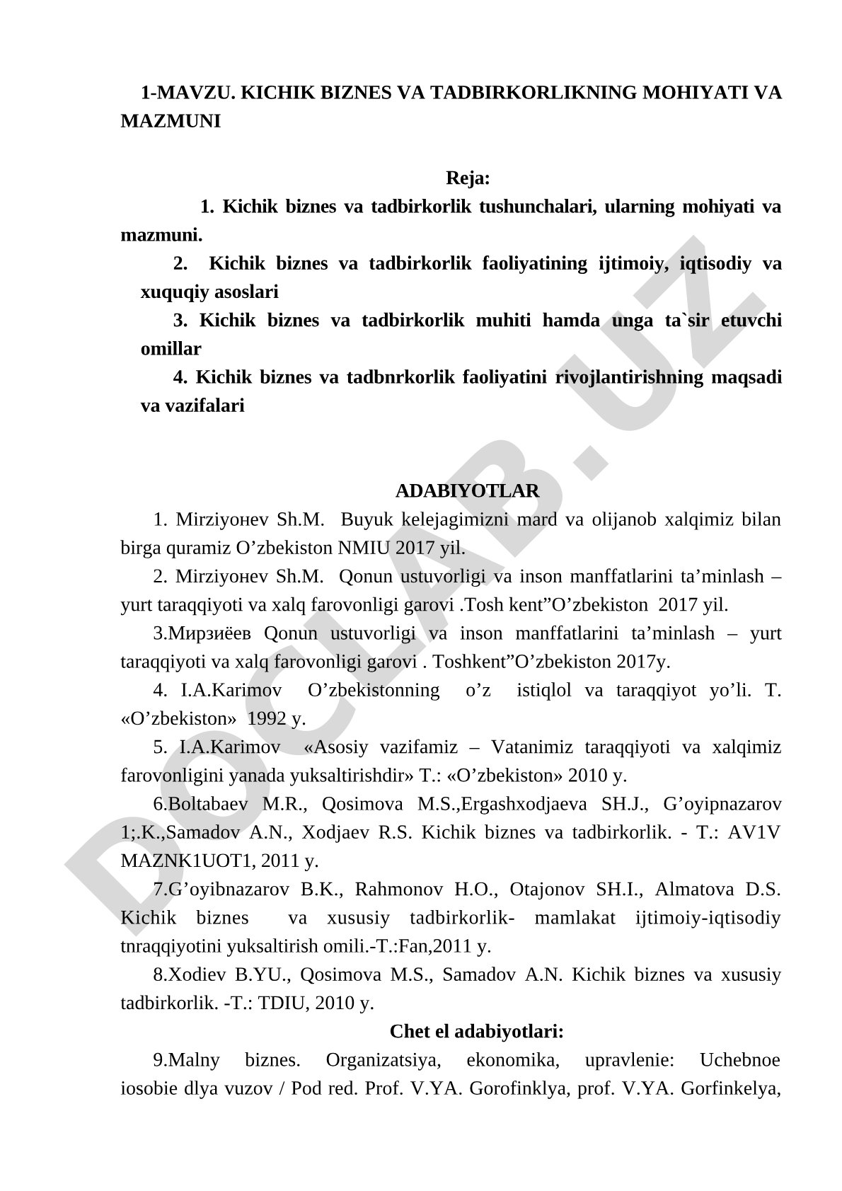 Kichik biznes va tadbirkorlikning mohiyati va mazmuni
