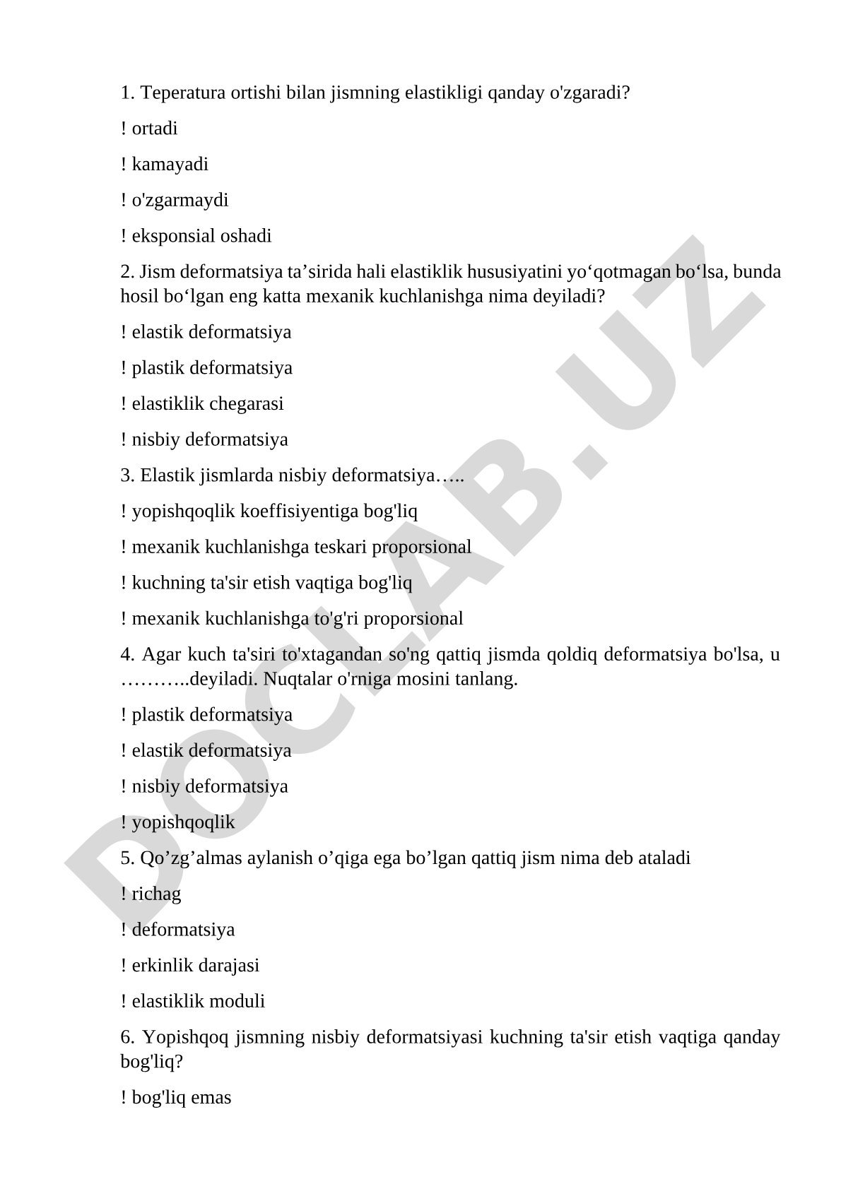 Elastiklik va deformatsiya test savollari