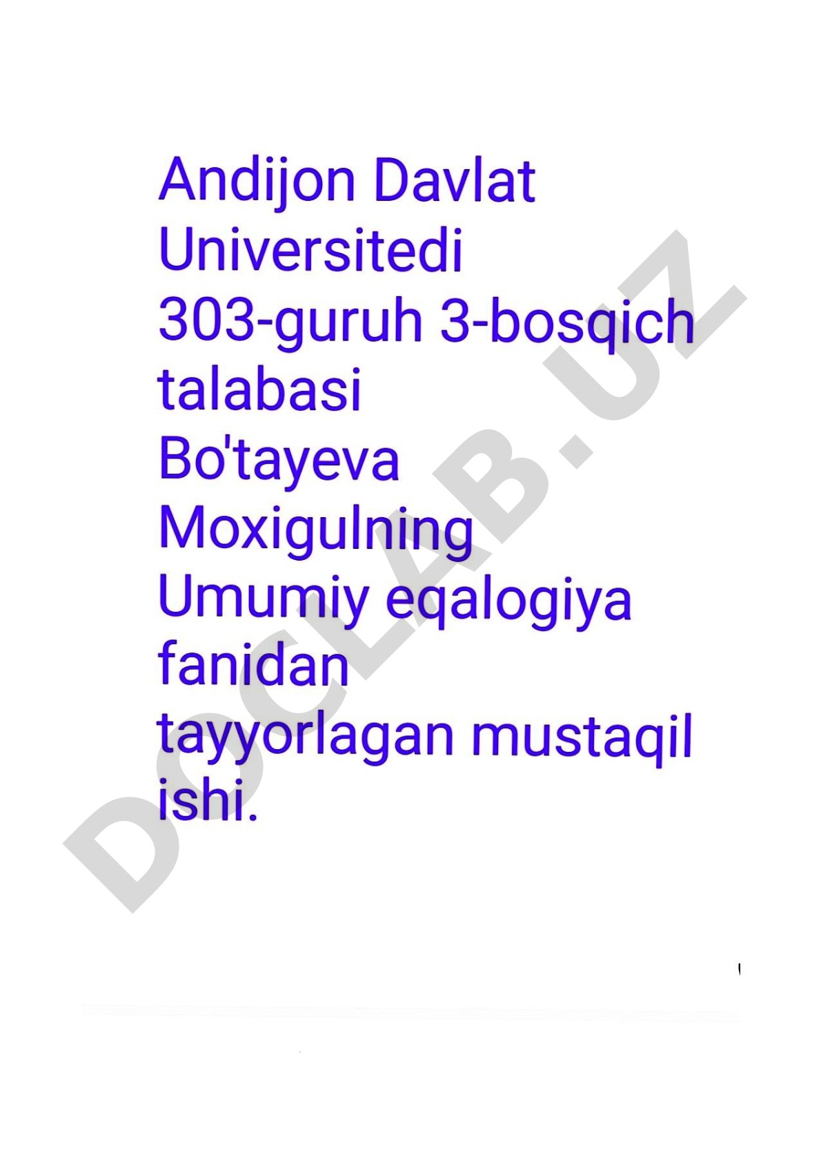 Umumiy ekologiya fanidan tayyorlangan mustaqil ish