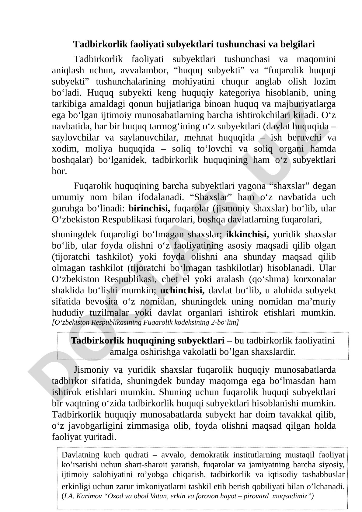 Tadbirkorlik faaliyati subyektlari tushunchasi va belgilari