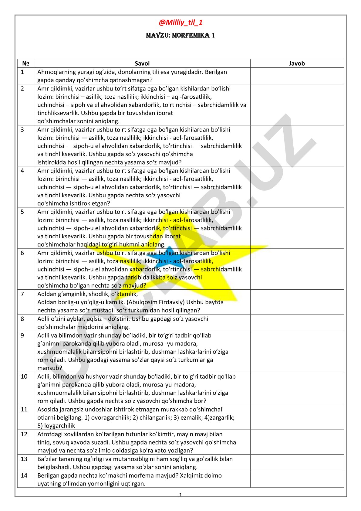 Morfemika bo'yicha test savollari