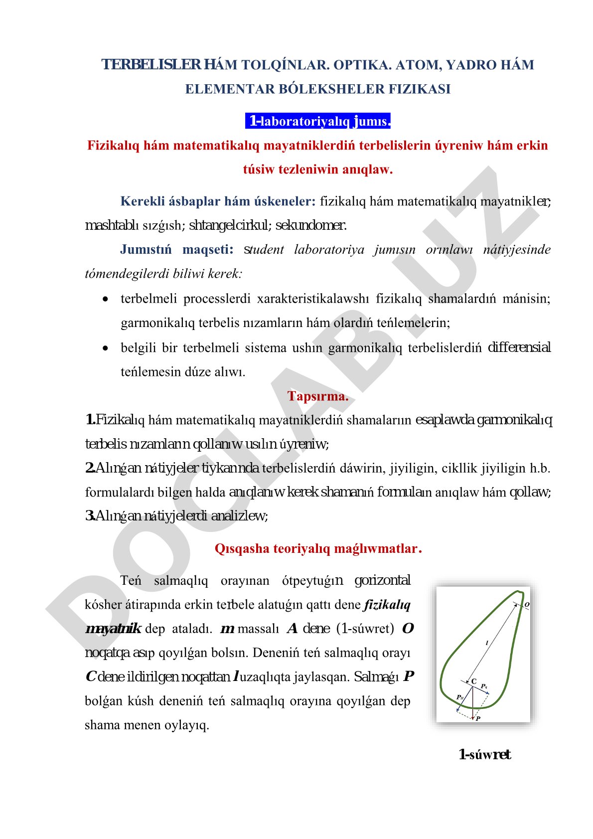 Fizikalıq hám matematikalıq mayatniklerdiń terbelislerin úyreniw hám erkin túsiw tezleniwin anıqlaw
