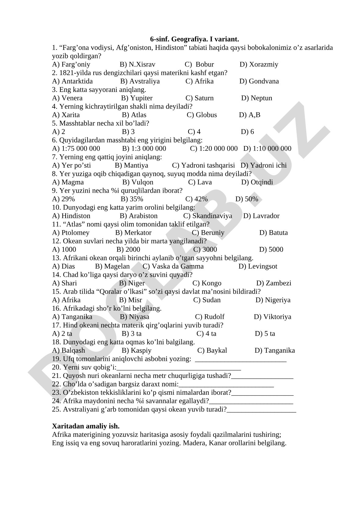 6-sinf. Geografiya. I variant.