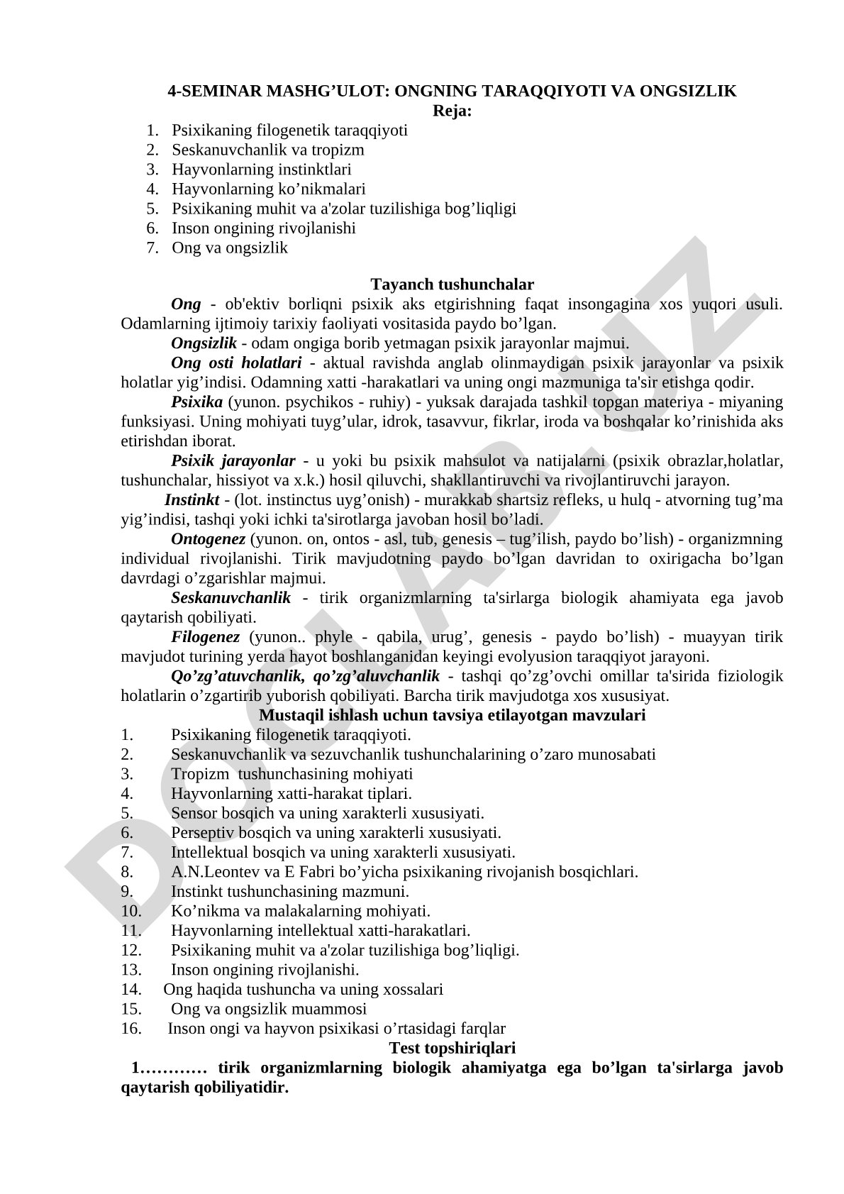 ONGNING TARAQQIYOTI VA ONGSIZLIK