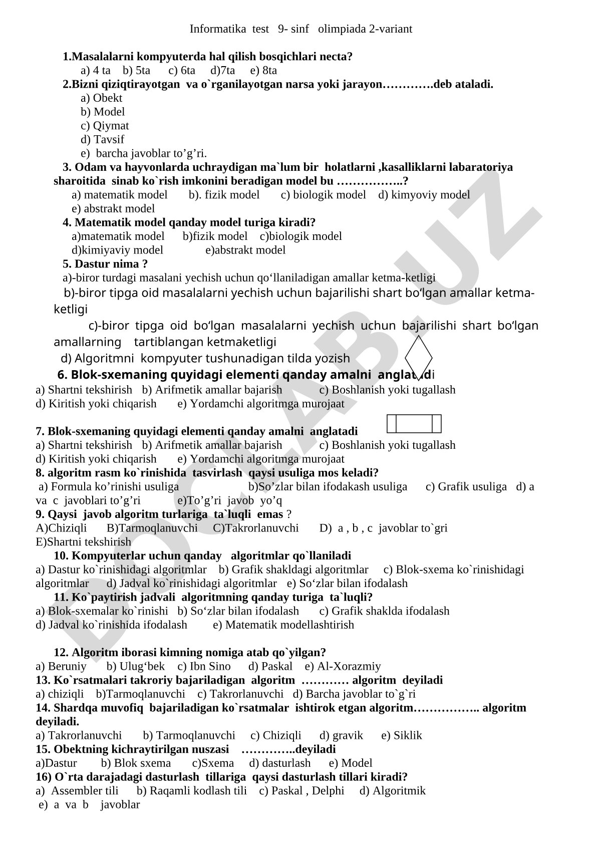 Informatika test 9- sinf olimpiada 2-variant