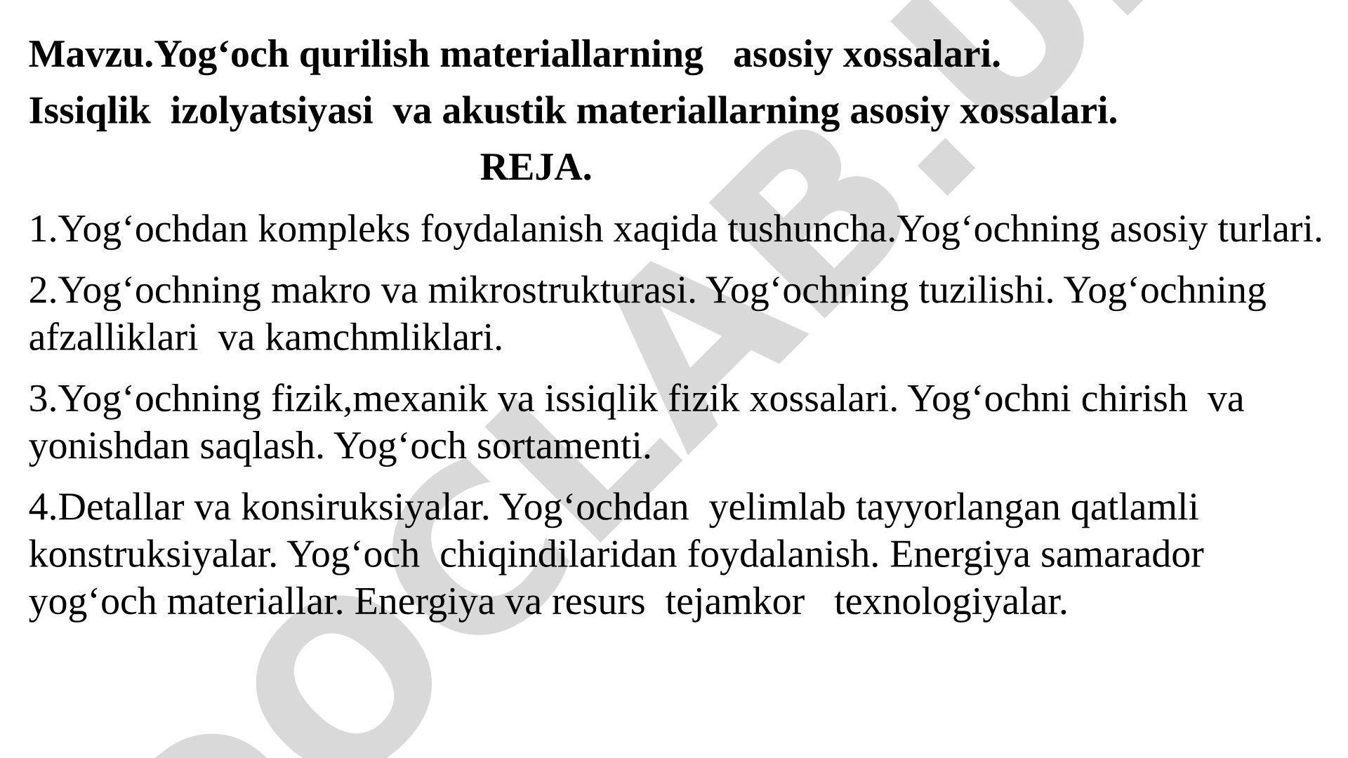 Yog‘och qurilish materiallarning asosiy xossalari. Issiqlik izolyatsiyasi va akustik materiallarning asosiy xossalari