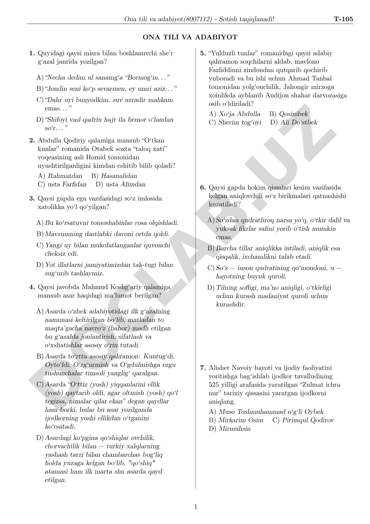 Ona tili va adabiyot fanidan test savollari