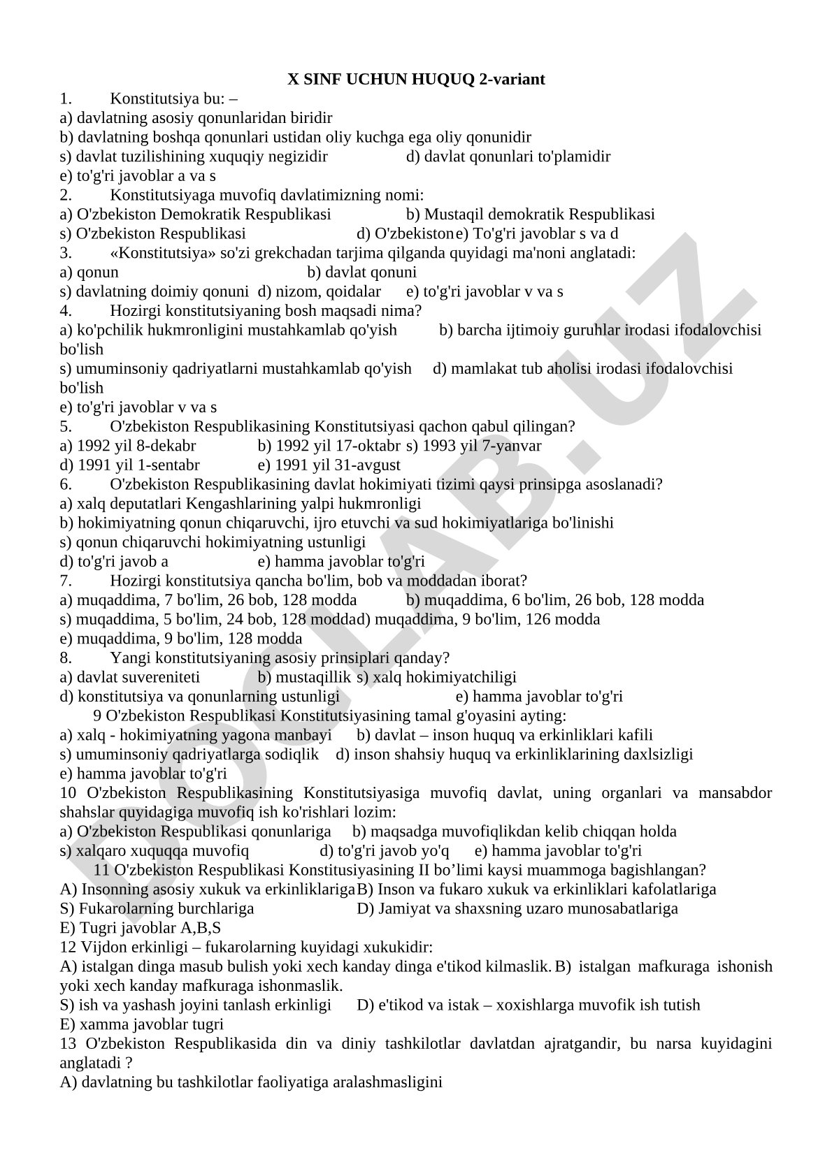 O'zbekiston Konstitutsiyasi bo'yicha test savollari