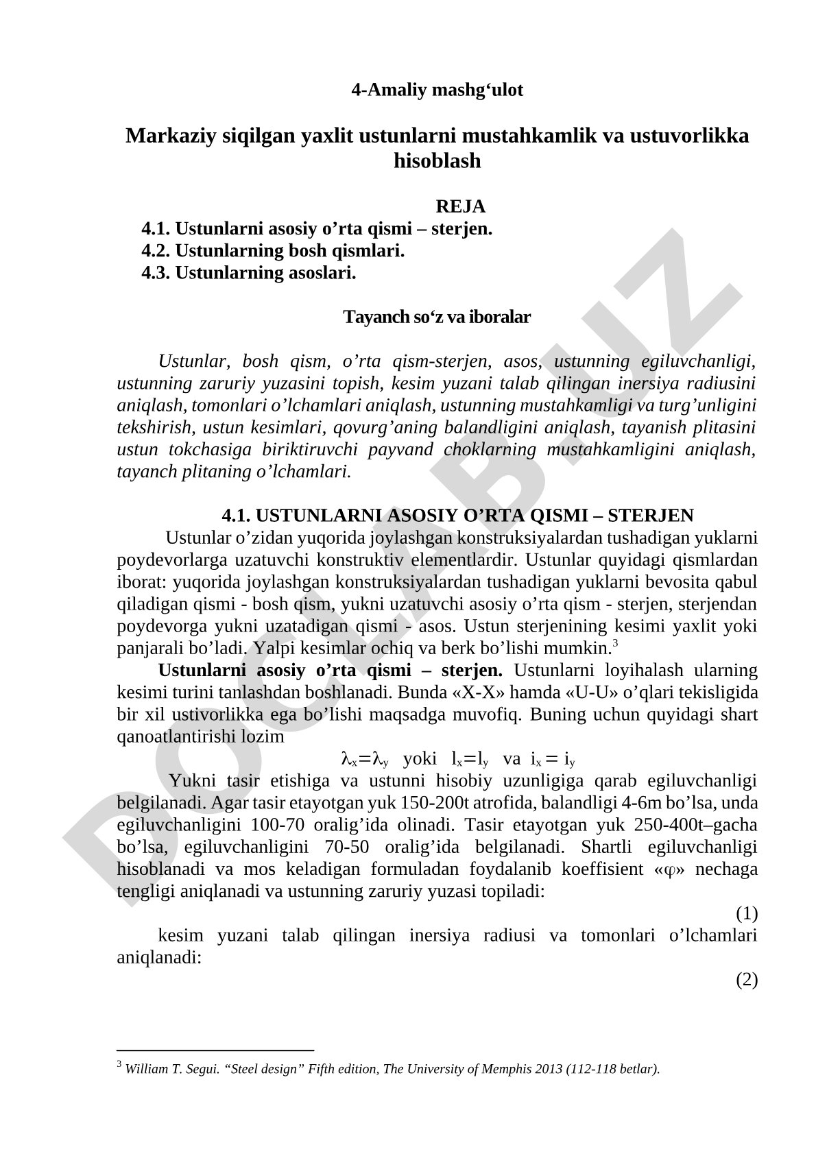4-Amaliy mashg‘ulot Markaziy siqilgan yaxlit ustunlarni mustahkamlik va ustuvorlikka hisoblash