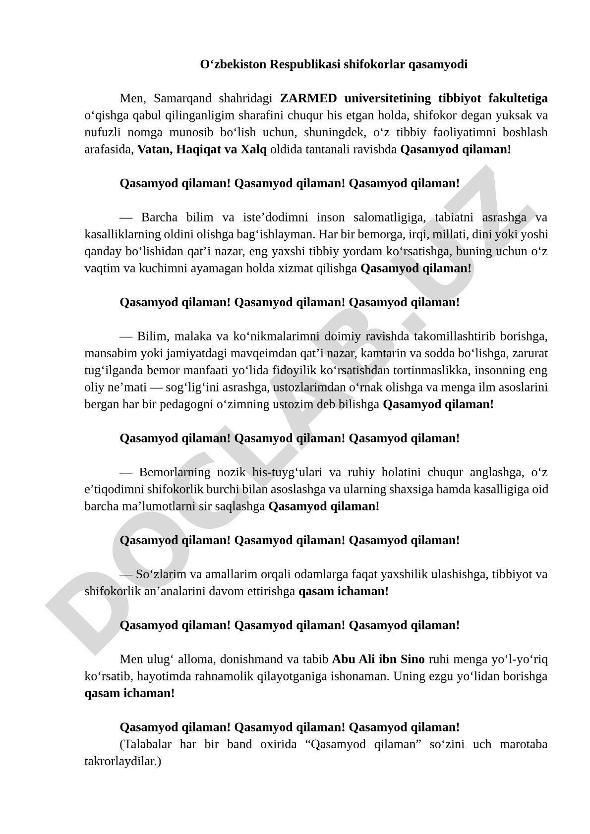 O‘zbekiston Respublikasi shifokorlar qasamyodi