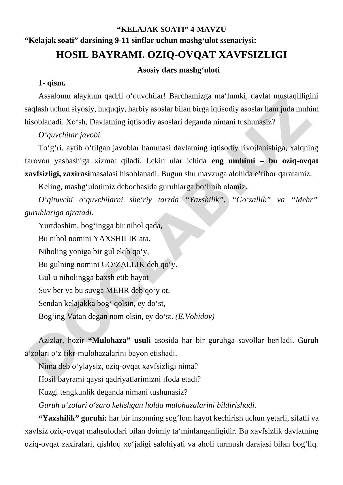 Hosil bayrami. Oziq-ovqat xavfsizligi