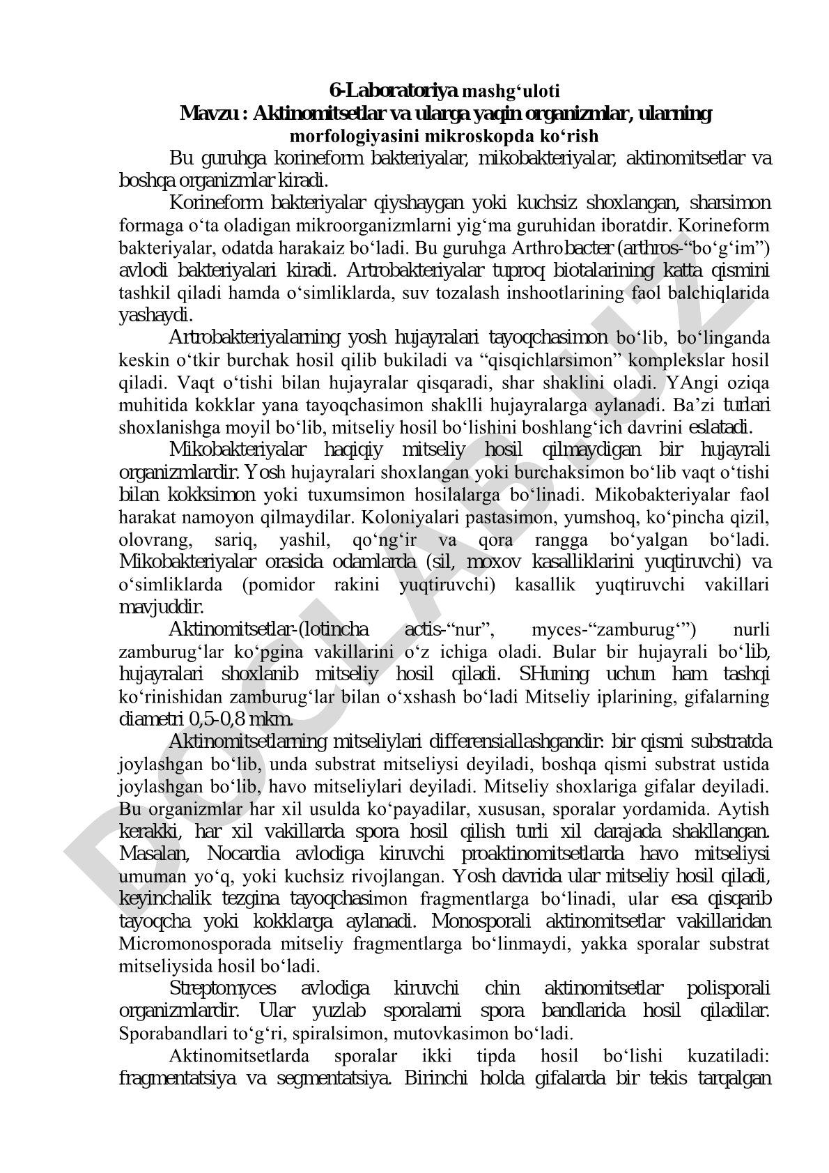 Aktinomitsetlar va ularga yaqin organizmlar, ularning morfologiyasini mikroskopda ko‘rish