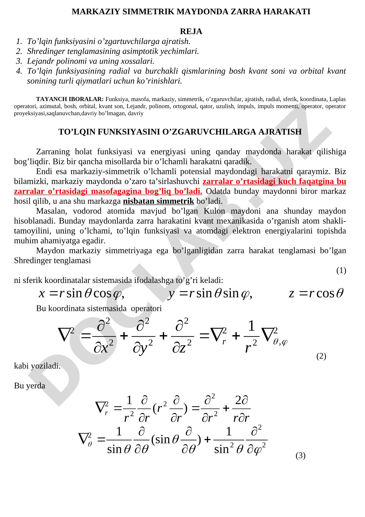 Markaziy simmetrik maydonda zarra harakati