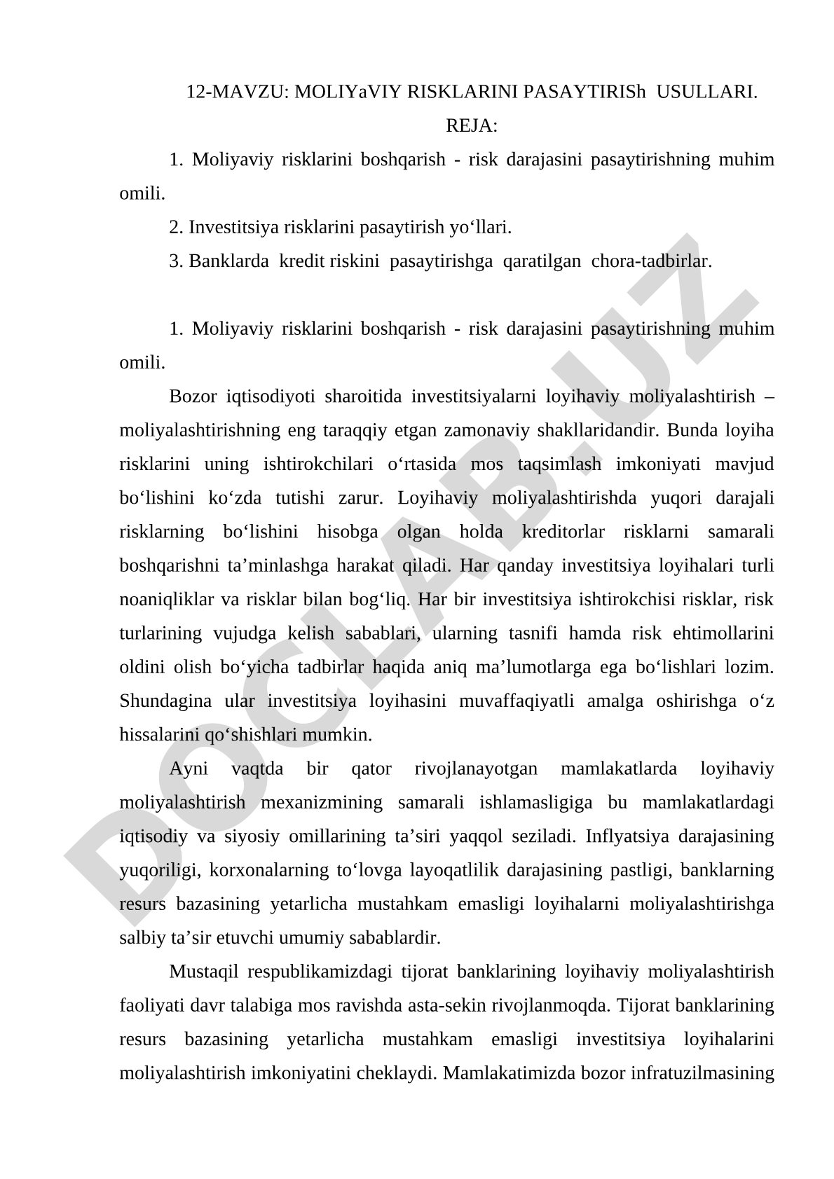 Moliyaviy risklarini pasaytirish usullari