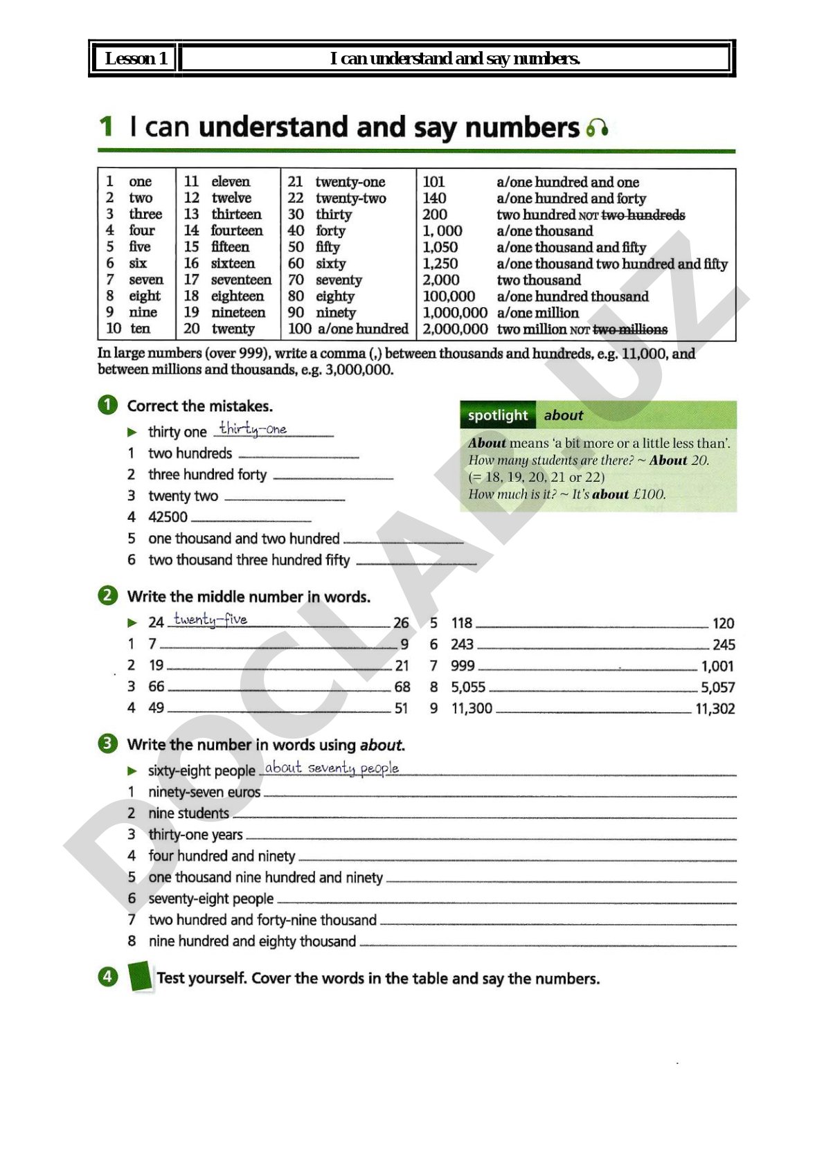 Numbers and counting fill-in-the-blank exercises