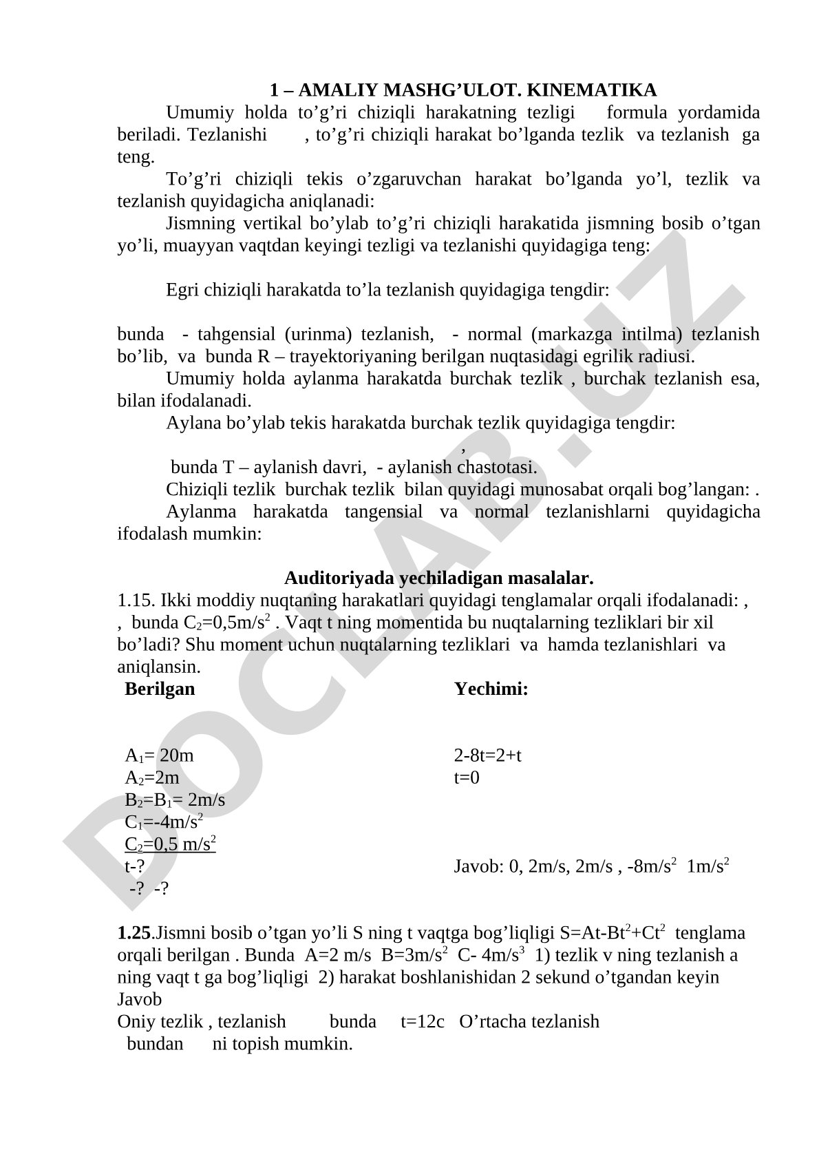 Kinematika bo'yicha amaliy mashg'ulot