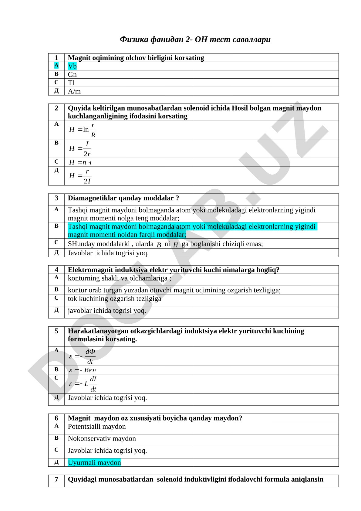 Fizika fanidan magnit oqimi va elektromagnit induksiya test savollari