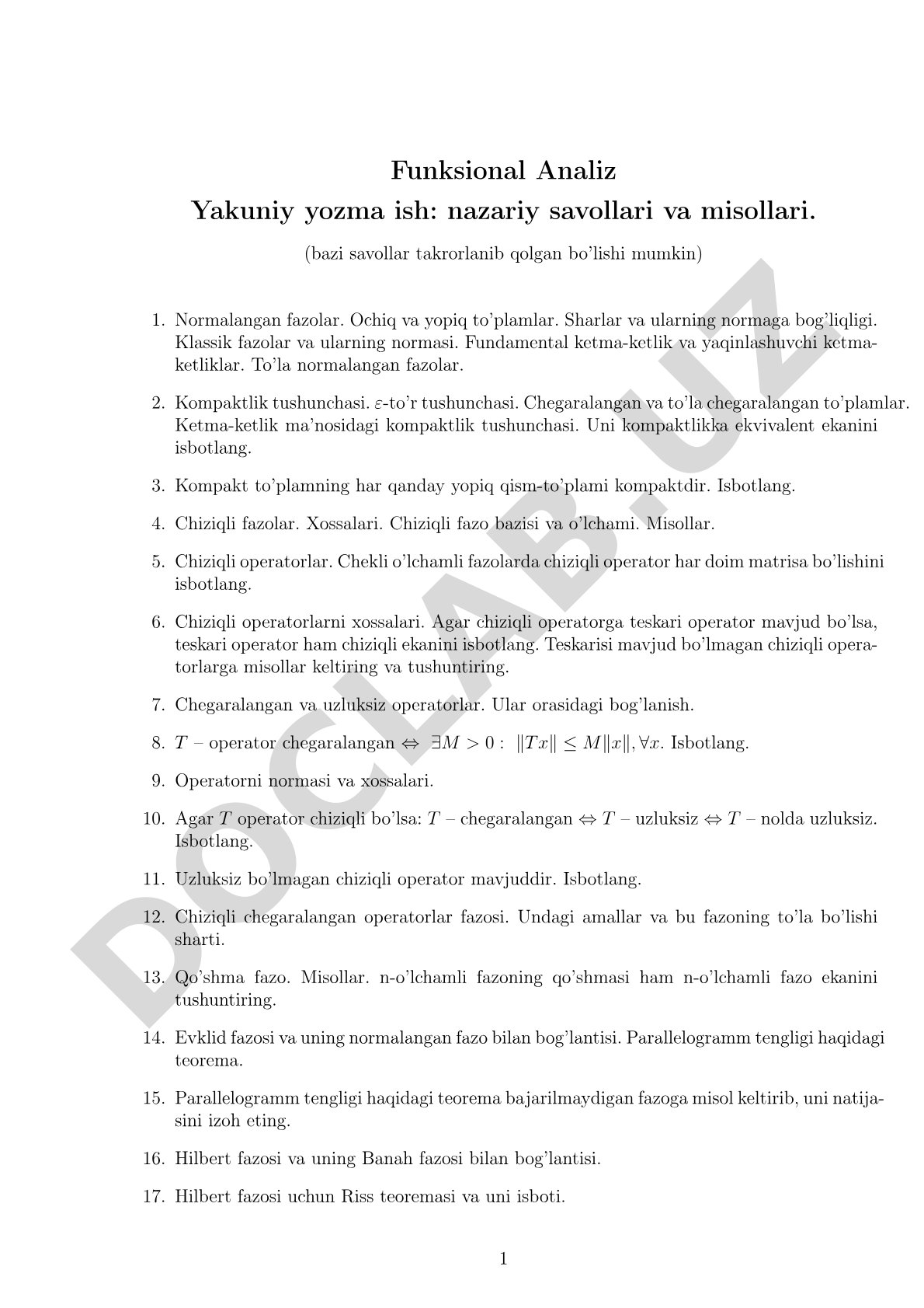 Funksional Analiz Yakuniy yozma ish: nazariy savollari va misollari