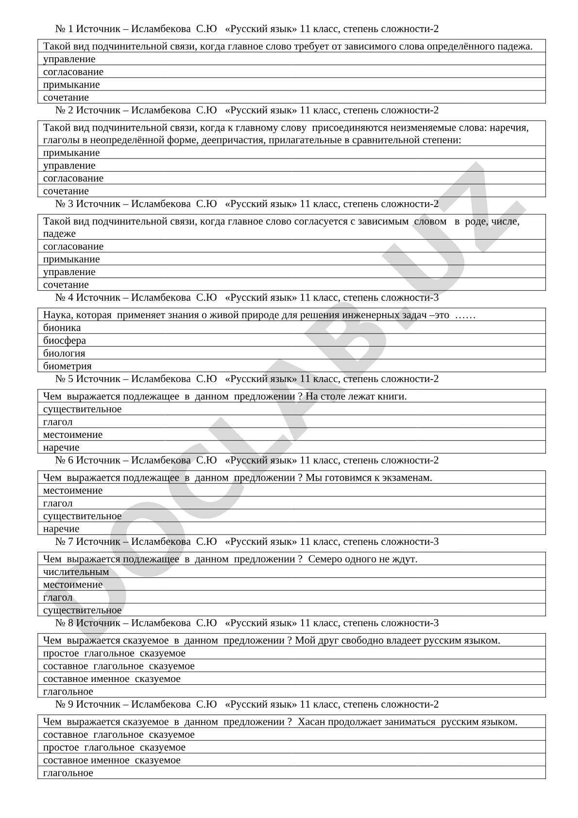 Тестовые задания по русскому языку для 11 класса