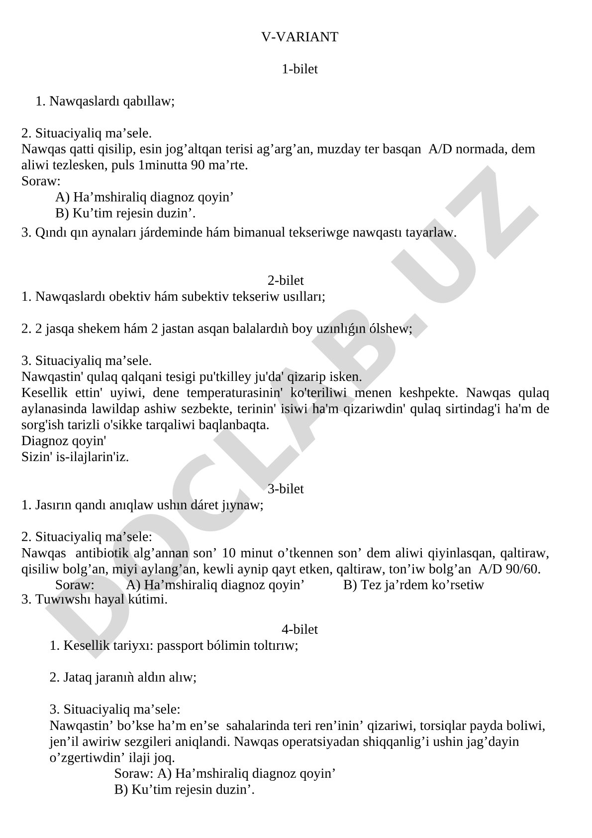 Hamshiralıq isi boyınsha emtixan biletleri