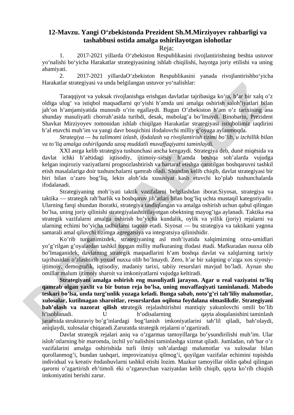 Yangi O‘zbekistonda Prezident Sh.M.Mirziyoyev rahbarligi va tashabbusi ostida amalga oshirilayotgan islohotlar