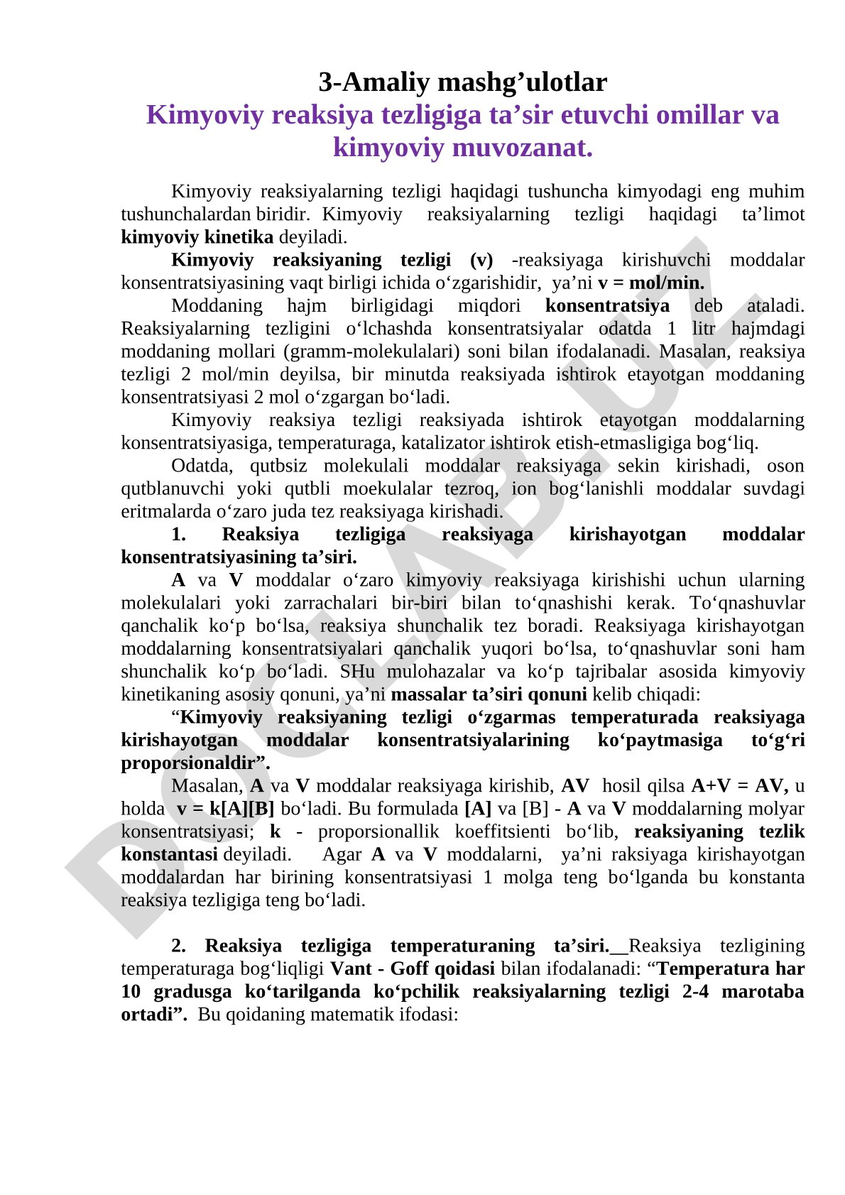 Kimyoviy reaksiya tezligiga ta’sir etuvchi omillar va kimyoviy muvozanat