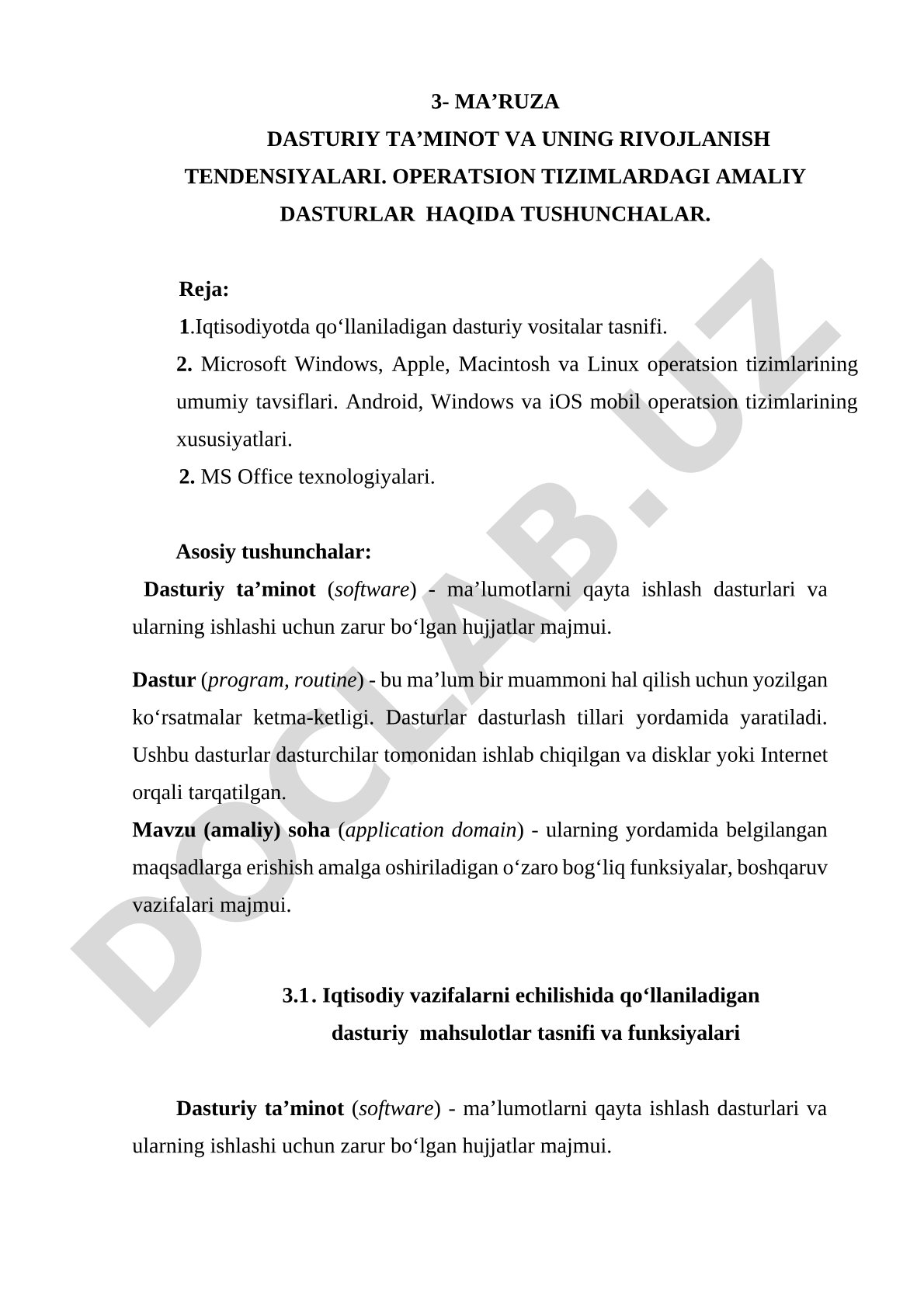Dasturiy ta’minot va uning rivojlanish tendensiyalari. Operatsion tizimlardagi amaliy dasturlar haqida tushunchalar