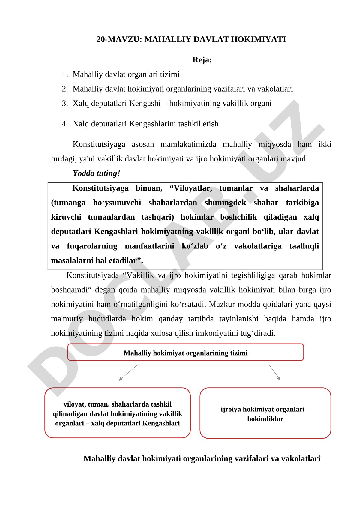 Mahalliy davlat hokimiyati organlari tizimi, vazifalari va vakolatlari haqida ma'lumot