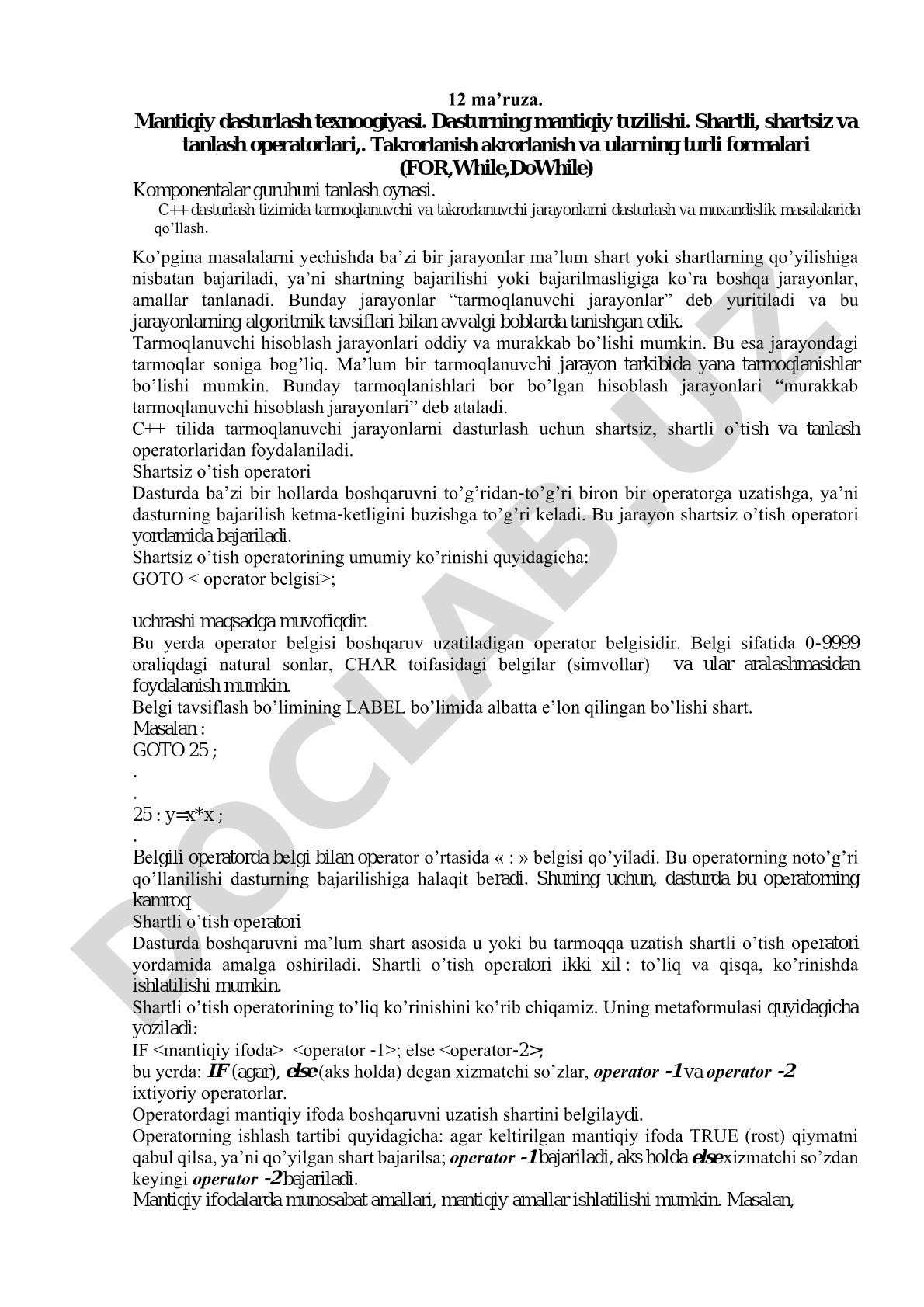 Mantiqiy dasturlash texnologiyasi: tarmoqlanuvchi va takrorlanuvchi jarayonlar